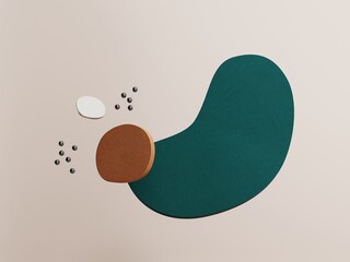 3d render of an abstract minimalistic boho style background. Simple flying forms in luxury color with tropical leaves. Summer poster, wall art, advertising banner, decorative 3D icons.