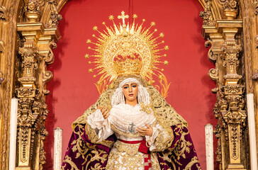 Image of the Virgen de la Esperanza de Triana inside the Capilla de los Marineros (Chapel of the Sailors) in the Triana neighborhood, Seville, Andalusia, Spain