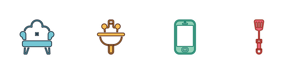 Set Sofa, Washbasin, Mobile phone and Spatula icon. Vector