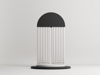 Minimal black and white aesthetic showcase, mock up  for exhibitions, presentation of products and goods. Exhibition Podium, display on light аrchitectural background for premium product  -3D render. 