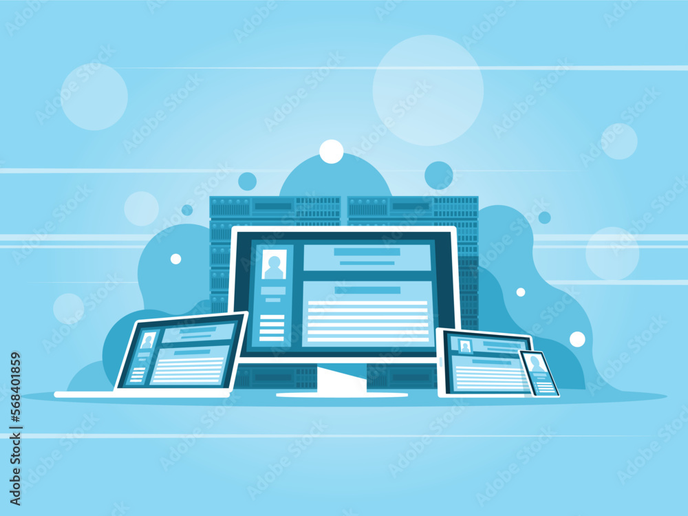 Poster social network concept. adaptive web design. web server and devices. vector illustration