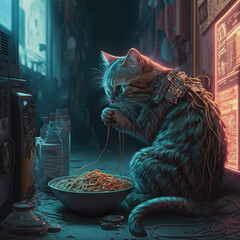 Cat Eating Spaghetti. Generative AI