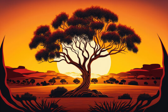 With shrubs and a tree in the background and the warm hues of a genuine Outback sunset, the sun sets over a stunning Australian outback environment. Generative AI