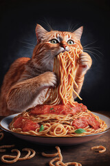 Cat Eating Spaghetti. Generative AI - 568402218