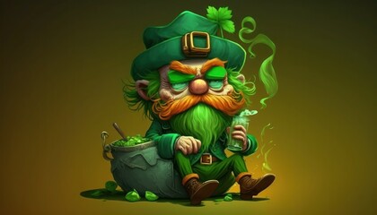 Saint Patricks' cartoon leprechaun smoking, generative ai