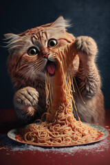 Cat Eating Spaghetti. Generative AI - 568402229