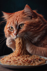 Cat Eating Spaghetti. Generative AI - 568402257