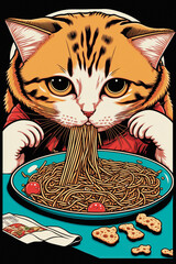 Cat Eating Spaghetti. Generative AI - 568402260