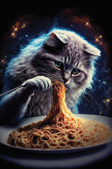 Cat Eating Spaghetti. Generative AI - 568402274