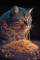 Cat Eating Spaghetti. Generative AI - 568402297