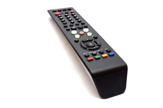 Black remote control for tv on a white background