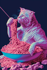 Cat Eating Spaghetti. Generative AI - 568402466