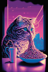 Cat Eating Spaghetti. Generative AI - 568402472