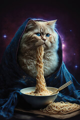 Cat Eating Spaghetti. Generative AI - 568402483