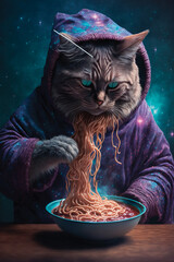 Cat Eating Spaghetti. Generative AI - 568402493