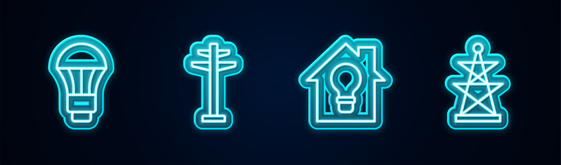 Set line LED light bulb, Electric tower, Smart house and and . Glowing neon icon. Vector