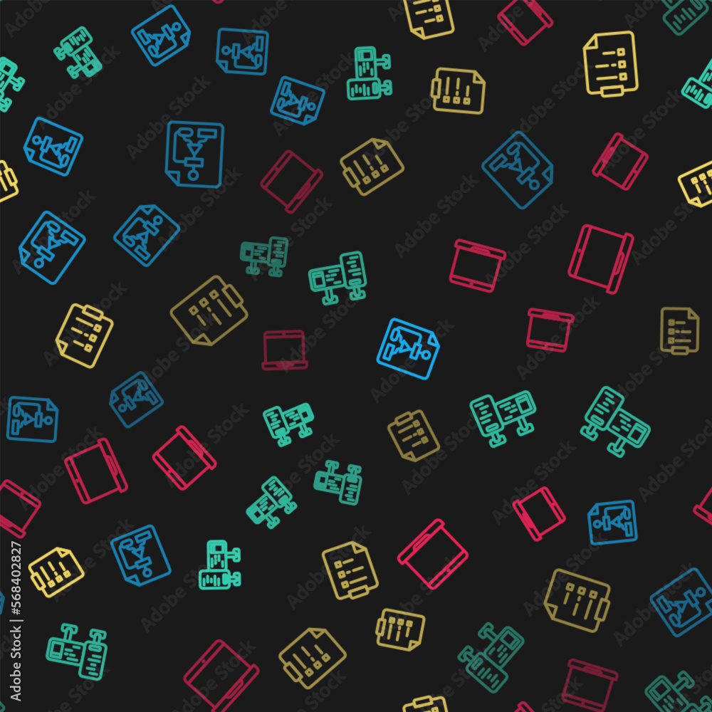 Poster set line flowchart, computer monitor screen, clipboard with checklist and laptop on seamless pattern