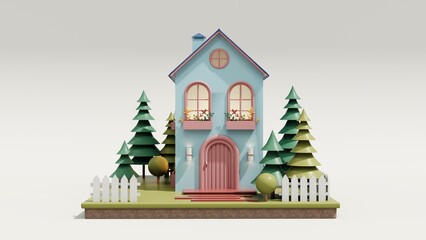 3d render Cute cozy eco houses with bushes, tall trees. Modern cartoon houses with windows and doors. Cute children's play house. The concept of the village, the development of the city, the district.