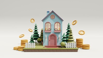 3d render Cute cozy eco houses with bushes, tall trees. Modern cartoon houses with windows and doors. Cute children's play house. The concept of the village, the development of the city, the district.