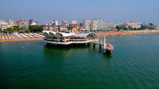 aerial drone shot of italian lignano sabbiadoro beach in summertime