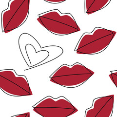 Red lips and outline heart seamless pattern vector. Continuous one line drawing illustration. Female hand drawn mouth icon. Wallpaper, background, fabric, print, wrapping paper, package design.