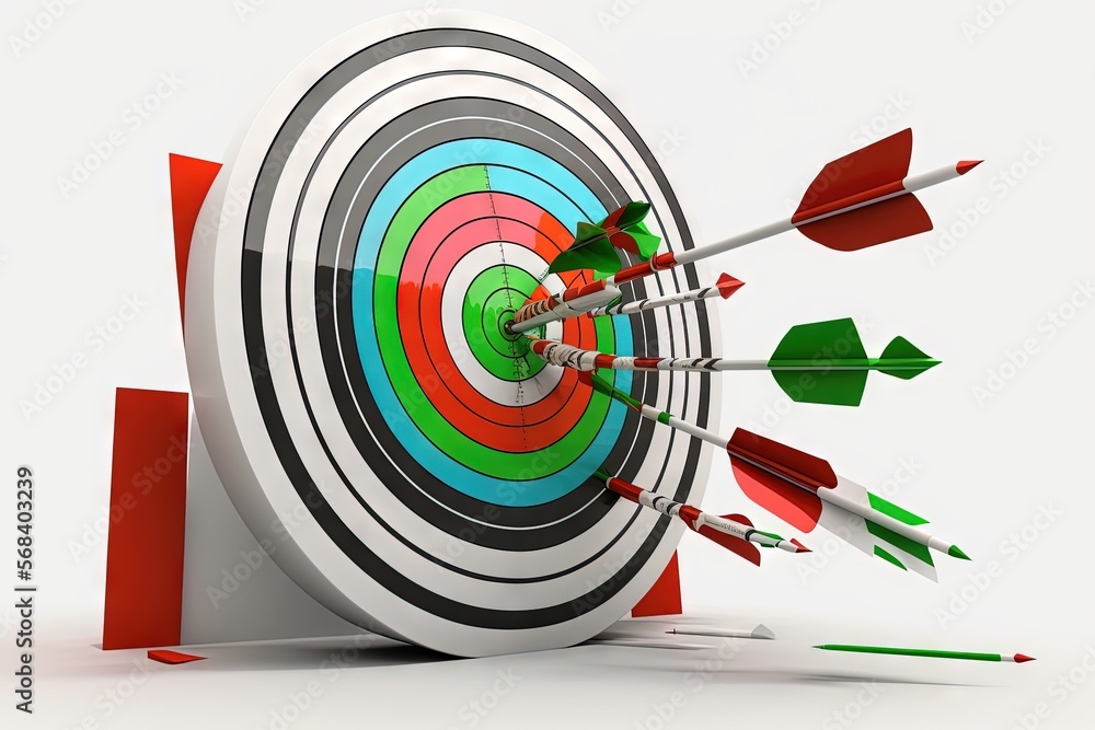 Poster a group of arrows hitting in the center of a bulls eye target with a red arrow in the center of the 