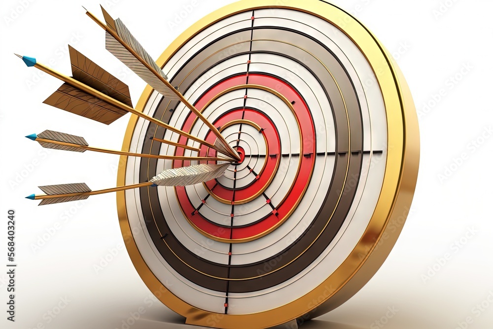 Poster a golden target with arrows in the center of it and a white background with a red center and a gold 