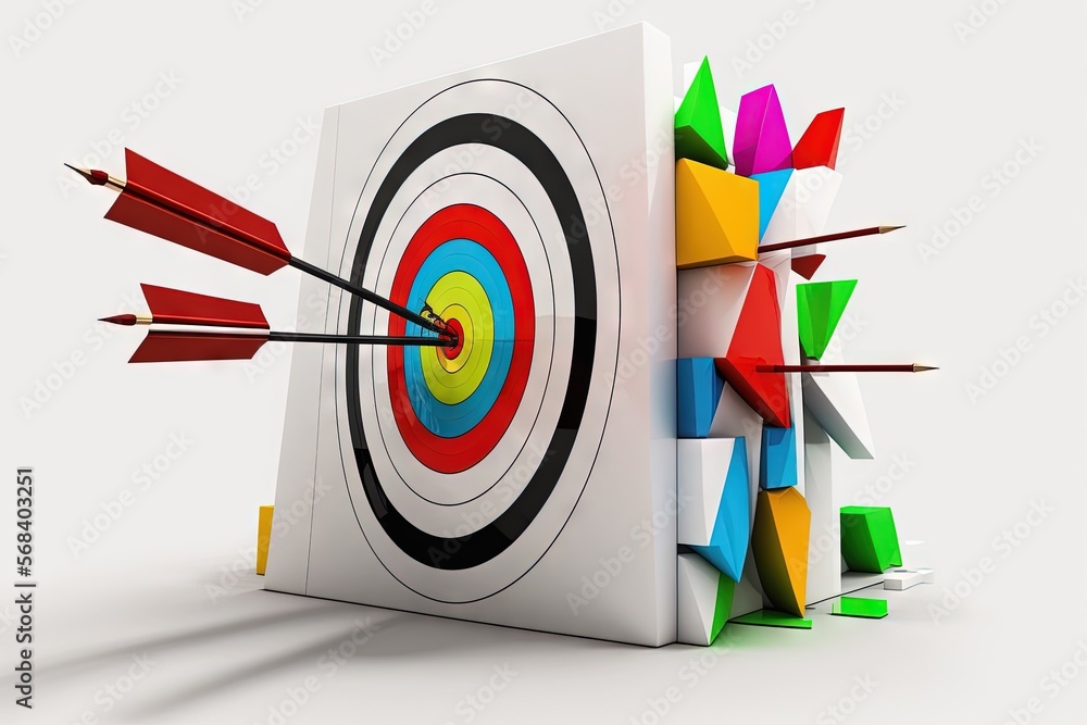 Poster a 3d image of an arrow hitting a target in the center of a box with arrows sticking out of it, with 