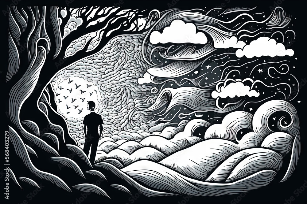 Poster a man standing in front of a tree with clouds and stars on it, looking at the sky and the waves comi