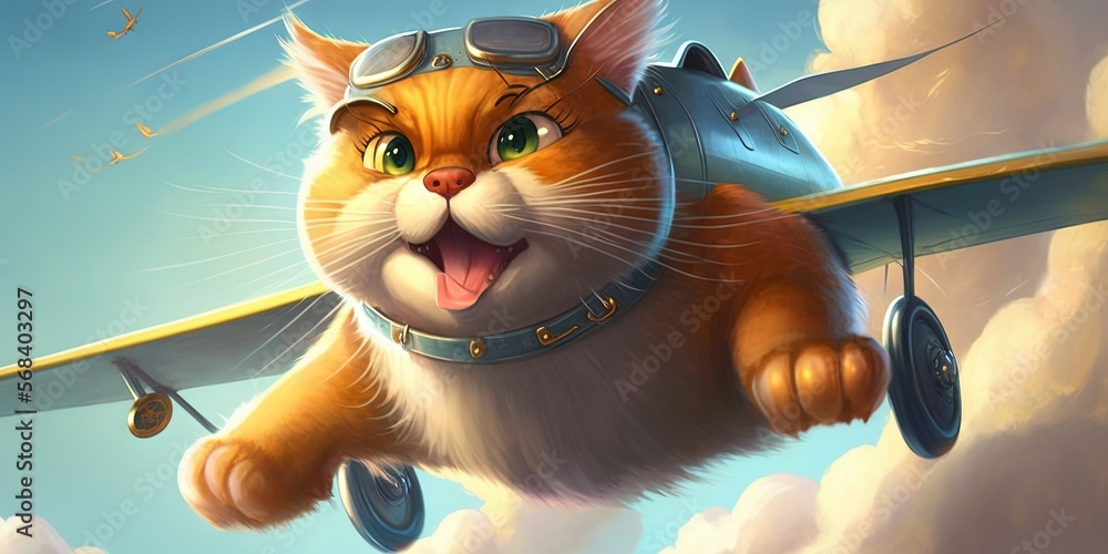 Poster a cat is flying in a plane with a pilot's mask on it's head and a smile on its face, with a sky back