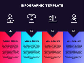 Set line Football or soccer player, jersey and t-shirt, goal with and commentator. Business infographic template. Vector