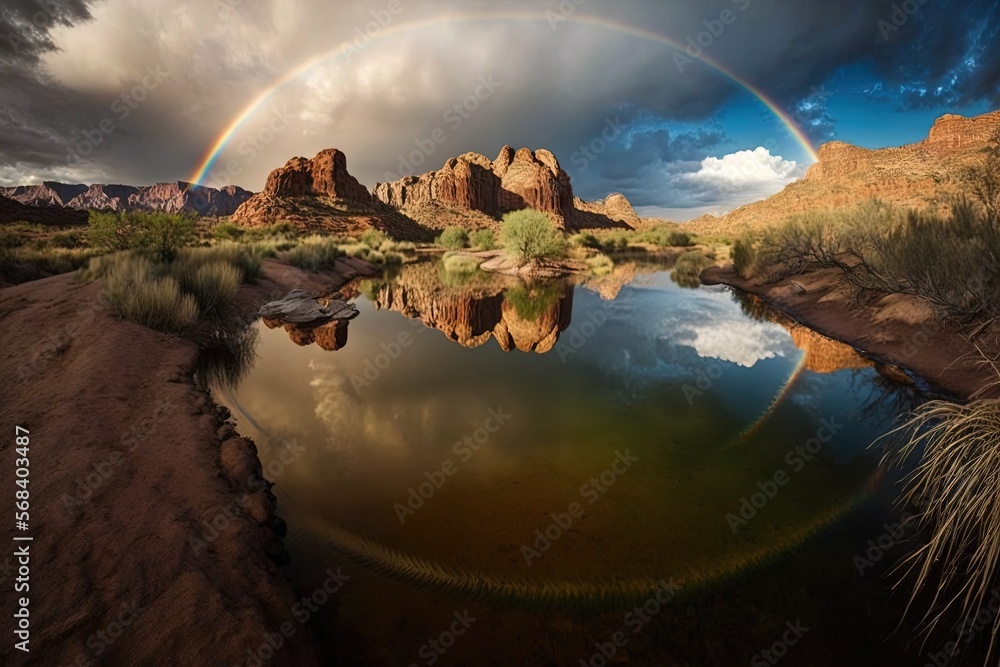 Poster a rainbow over a lake with mountains and clouds in the background with a rainbow in the sky above it