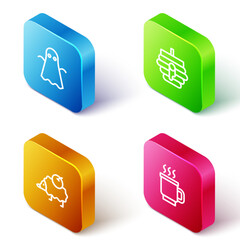 Set Isometric line Ghost, Hive for bees, Hedgehog and Cup of tea icon. Vector