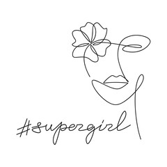 Supergirl hashtag word handwritten lettering. Hand drawn woman face flower silhouette. One line continuous fashion drawing. Quote, slogan, saying. Calligraphic text design, print, poster, card, logo.