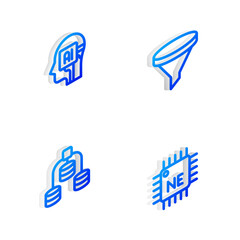 Set Isometric line Funnel or filter, Humanoid robot, Server, Data and Processor CPU icon. Vector