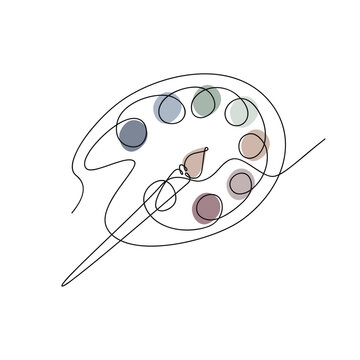 recommend clip art: Artist palette with paints and brush vector one line continuous drawing illustration. Hand drawn linear silhouette icon. Minimal design element for print, banner, card, wall art poster, brochure, logo