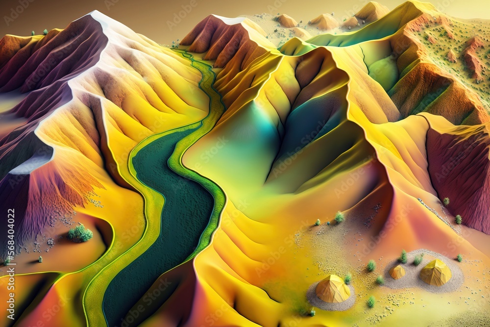 Poster a computer generated image of a river in a desert area with mountains in the background and rocks in