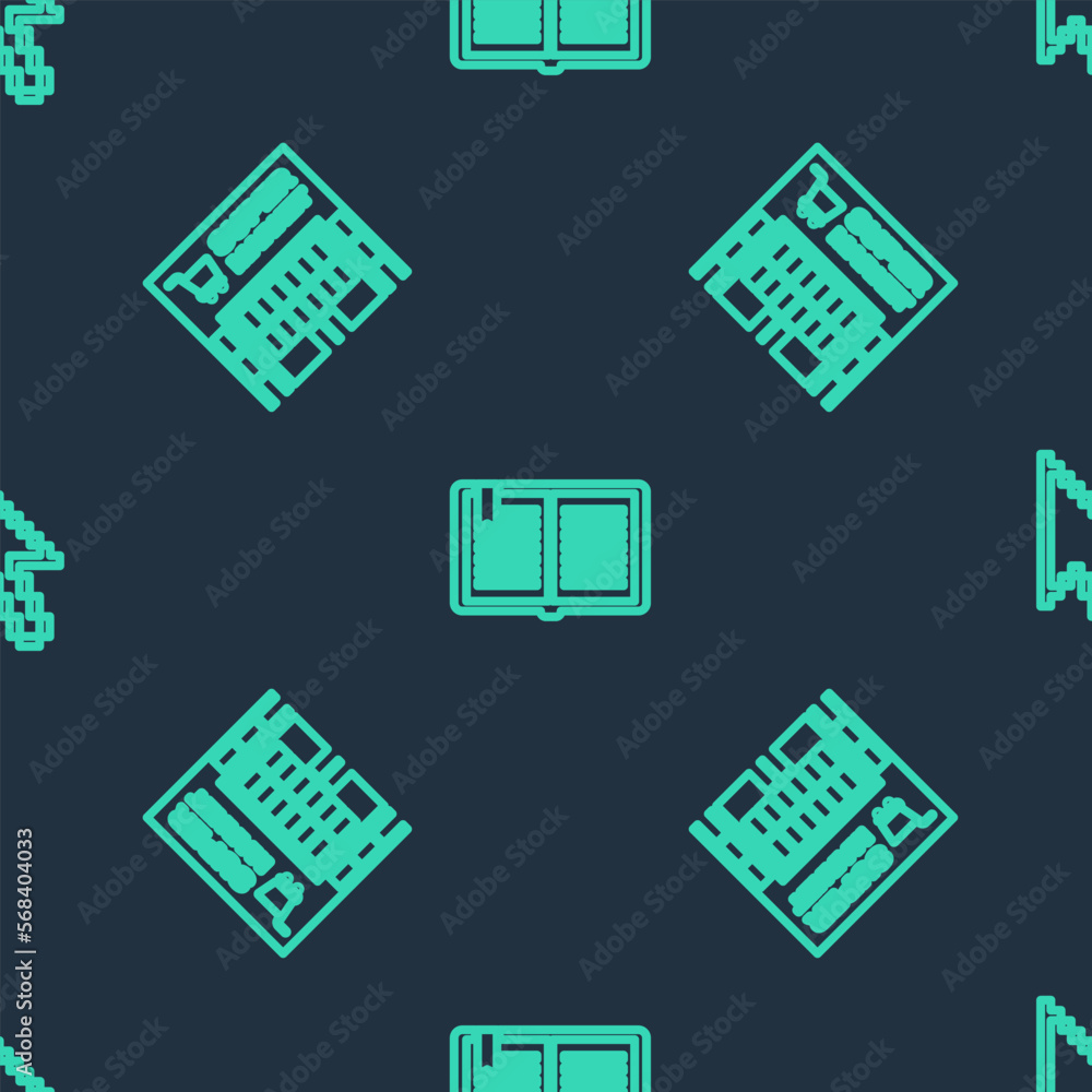 Aufkleber set line open book, supermarket building and pixel arrow cursor on seamless pattern. vector