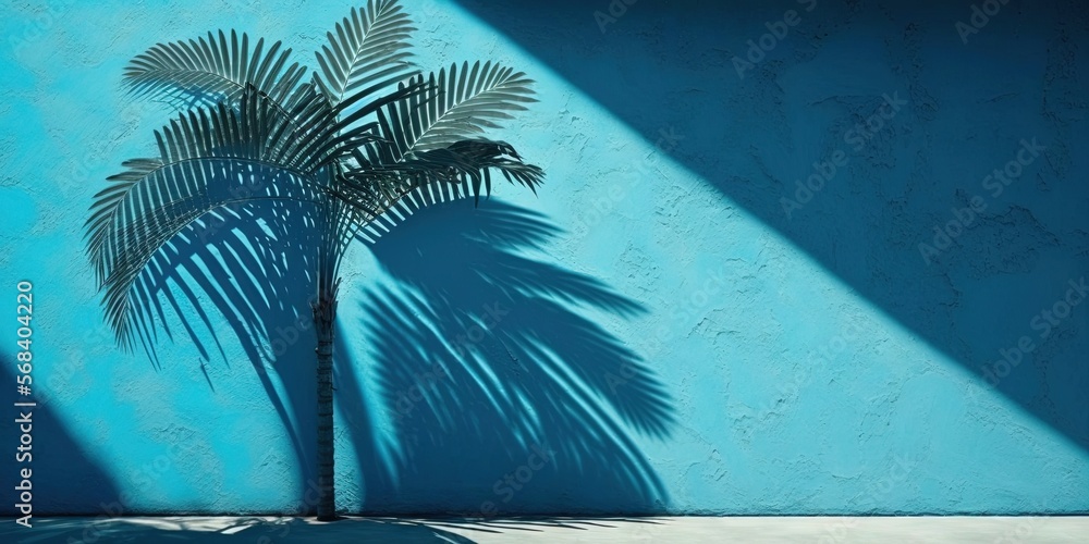Poster a palm tree casts a shadow on a blue wall with a shadow cast on the wall behind it by the shadow of 