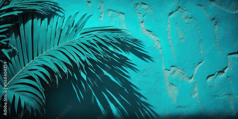 Poster a palm tree casts a shadow on a blue wall with a shadow of a palm tree on the side of the wall and a
