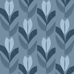Seamless monochrome simple floral pattern. Gray-blue background.
