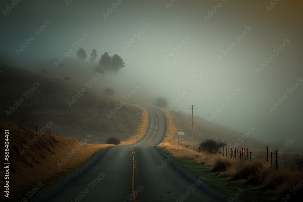Poster a foggy road with a sign on the side of it in the middle of a grassy hill with trees on the side of 