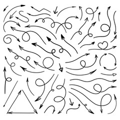 Hand drawn vector arrows.  Thin line vector arrow. Curly and swirly pointer doodles. Calligraphic arrows. - 568404432