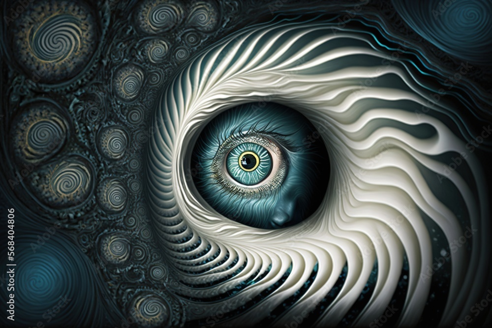 Poster a computer generated image of an eye in the middle of a spiral vortex