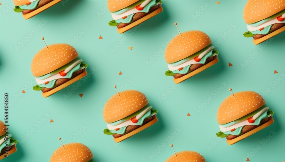 Poster a group of hamburgers sitting on top of a blue table next to a green background with tiny dots of co