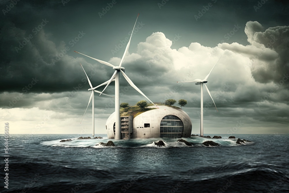 Poster an island with a house and windmills in the middle of the ocean under a cloudy sky with dark clouds 