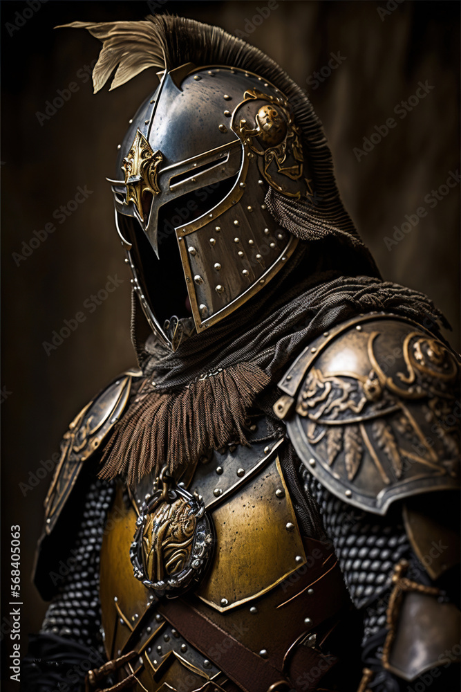 Poster a man dressed in armor and a helmet with a feather on his head is standing in a dark room with a dar