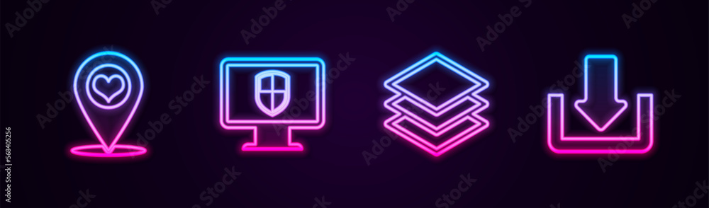 Poster set line map pointer with heart, monitor and shield, layers and download. glowing neon icon. vector