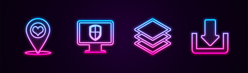 Set line Map pointer with heart, Monitor and shield, Layers and Download. Glowing neon icon. Vector