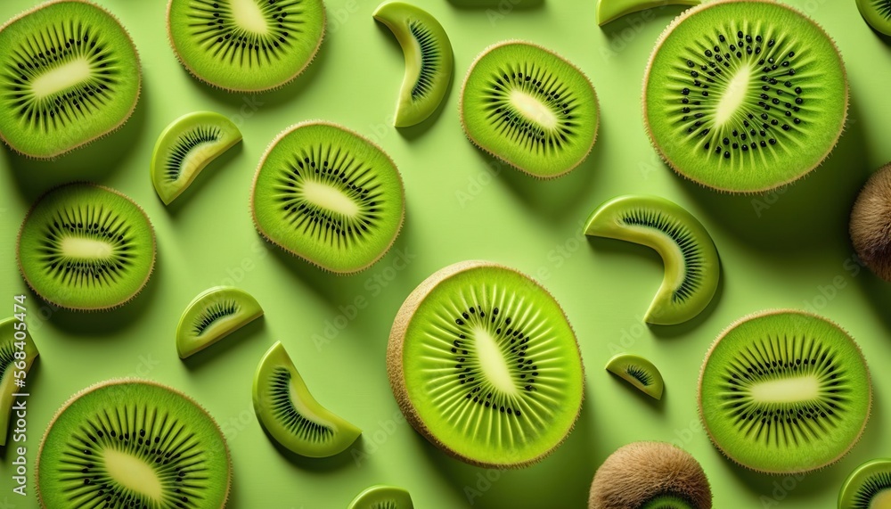 Aufkleber a kiwi fruit sliced in half on a green surface with kiwi slices cut in half on top of each other and